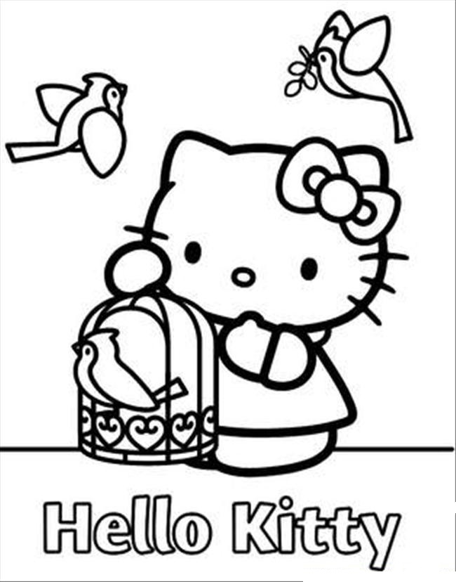 Dibujo de Hola Gatita Con Pájaros para Colorear y Imprimir