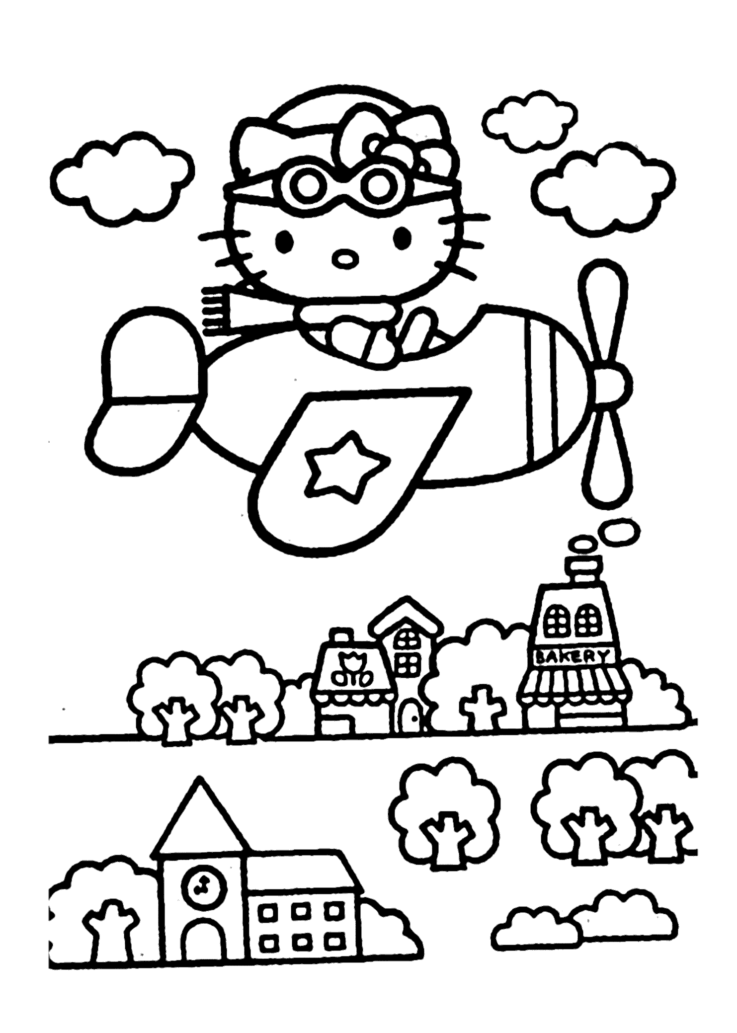 Dibujo de Hola Gatita Volando para Colorear y Imprimir