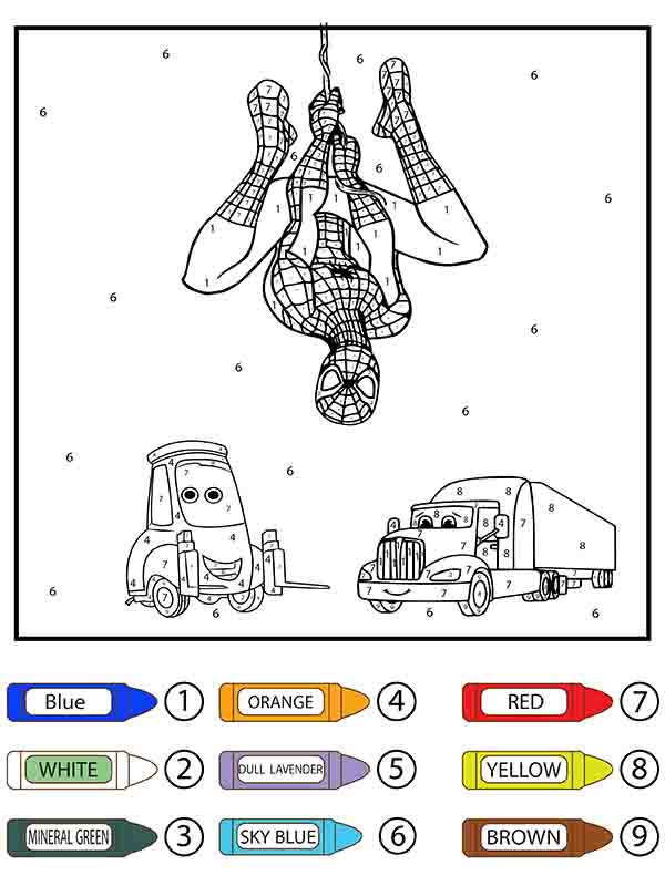 Dibujo de Hombre Araña Colgando Boca Abajo y Vehículos Lego Colorier por Número Pagina para Colorear para Colorear y Imprimir
