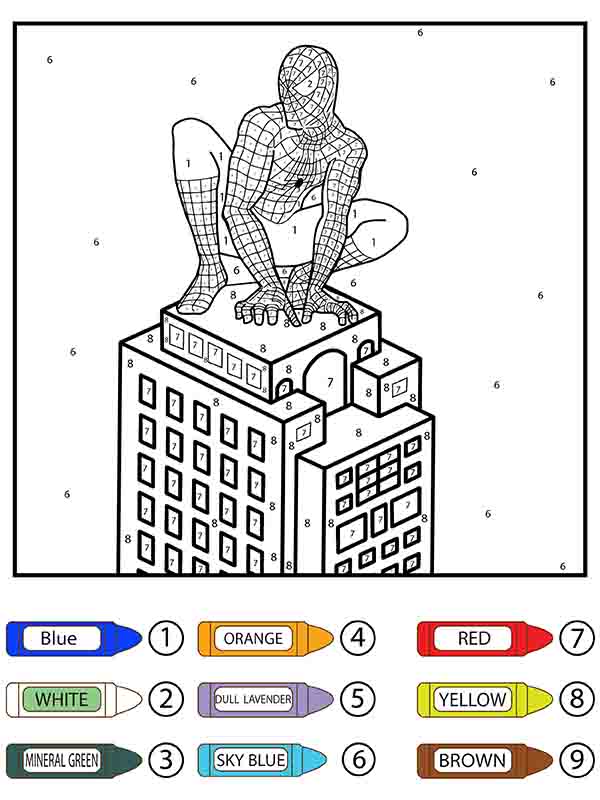 Dibujo de Hombre Araña En La Parte Superior Del Edificio Colorier por Número Pagina para Colorear para Colorear y Imprimir