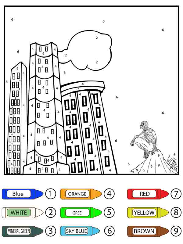 Dibujo de Hombre Araña Mirando Los Edificios Color por Número Pagina para Colorear para Colorear y Imprimir