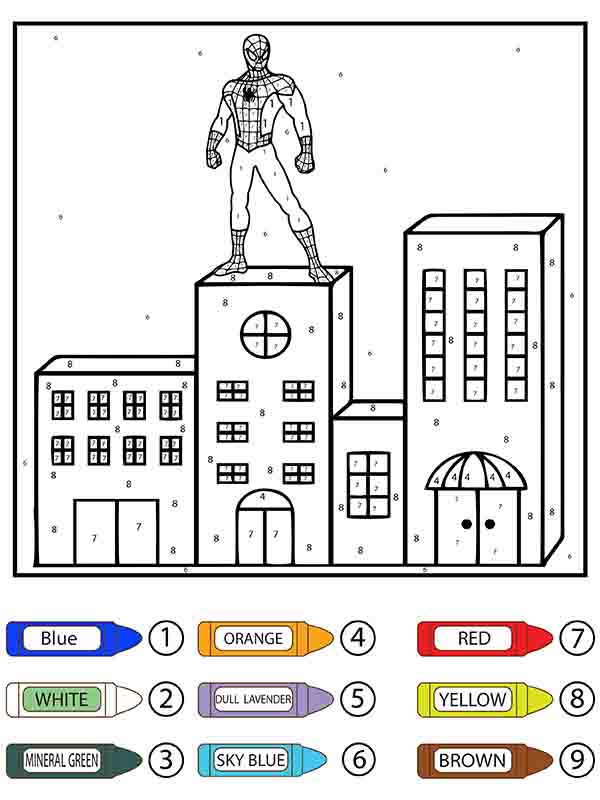 Dibujo de Hombre Araña Parado En La Parte Superior Del Edificio Color por Número Pagina para Colorear para Colorear y Imprimir