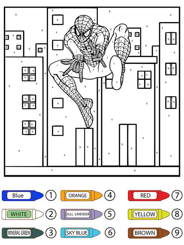 Dibujo de Hombre Araña Saltando Colorear por Número Pagina para Colorear para Colorear y Imprimir