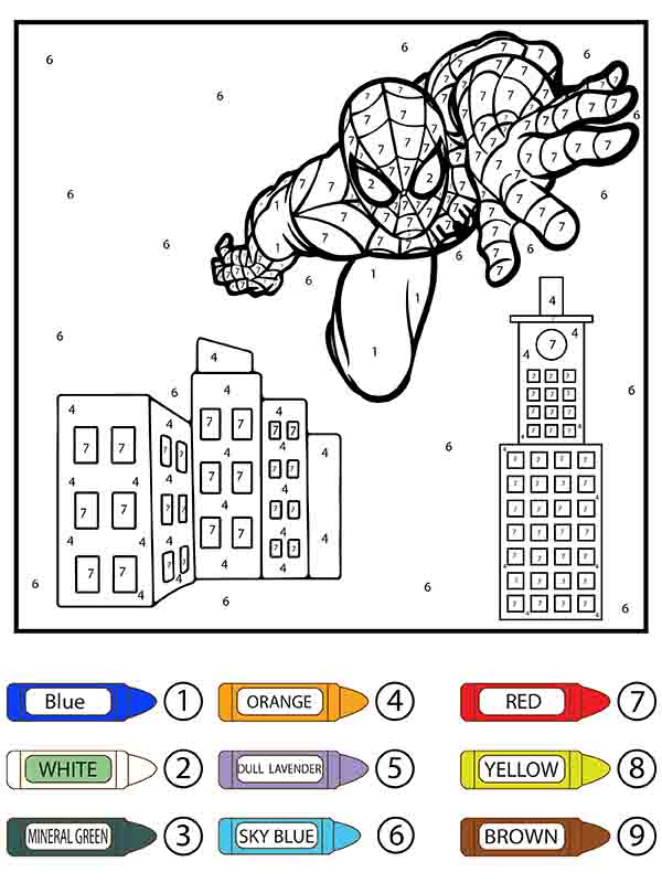 Dibujo de Hombre Araña Saltando Colorier por Número Pagina para Colorear para Colorear y Imprimir