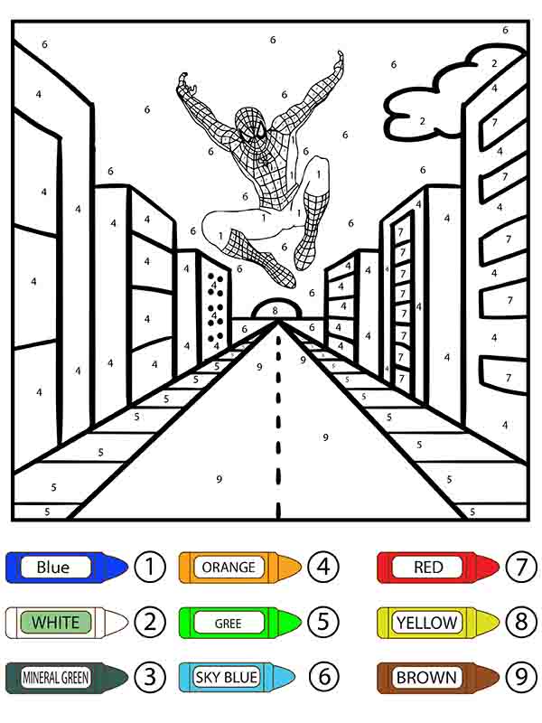 Dibujo de Hombre Araña Saltando En La Carretera Colorier por Número Pagina para Colorear para Colorear y Imprimir