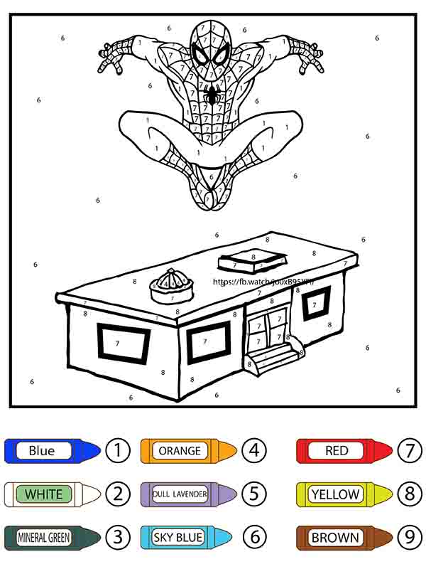 Dibujo de Hombre Araña Saltando Encima de La Casa Colorier por Número Pagina para Colorear para Colorear y Imprimir