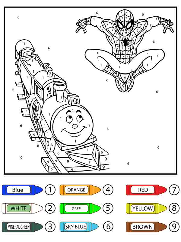 Dibujo de Hombre Araña sobre El Tren Colorear por Número Pagina para Colorear para Colorear y Imprimir