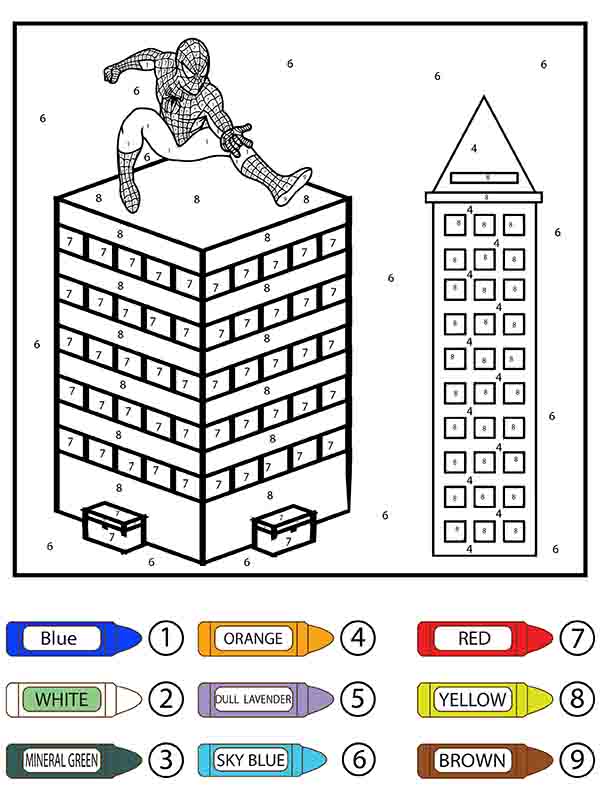 Dibujo de Hombre Araña y Edificios Colorier por Número Pagina para Colorear para Colorear y Imprimir