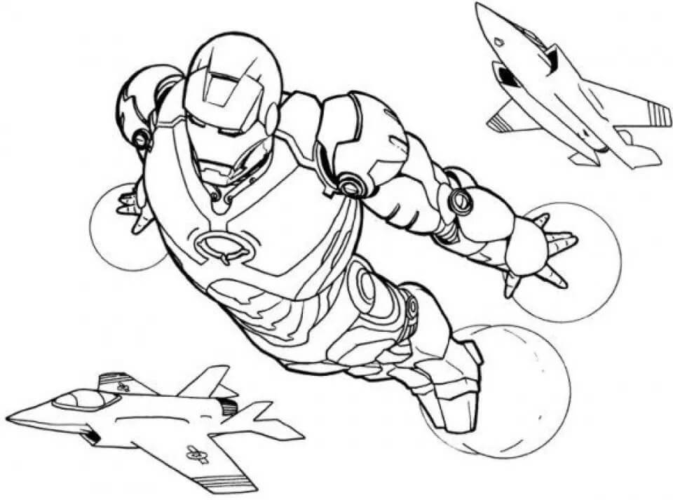 Dibujo de Ironman Volando Con dos Aviones a Reaccion para Colorear y Imprimir