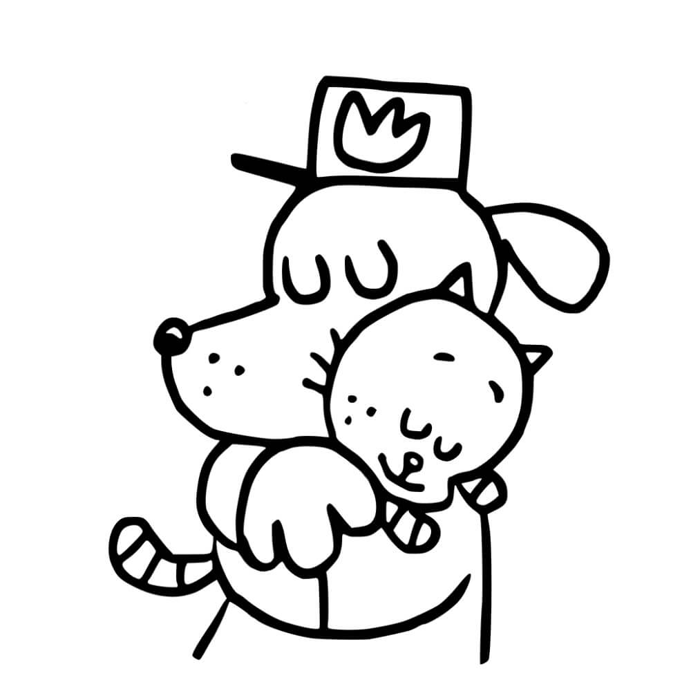 Dibujo de Perro Hombre y Gato Niño para Colorear y Imprimir