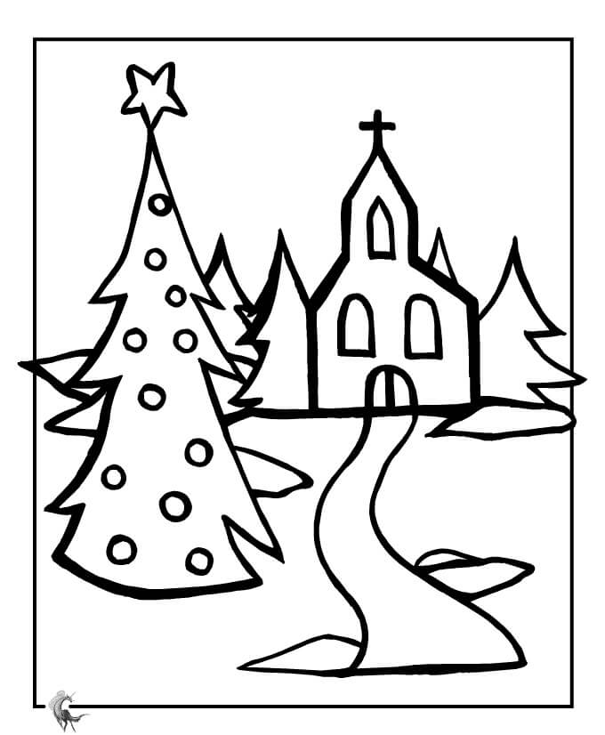 Dibujo de Iglesia de Navidad para Colorear y Imprimir