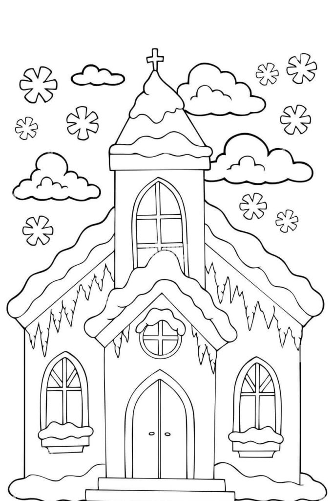 Dibujo de Iglesia En Invierno para Colorear y Imprimir