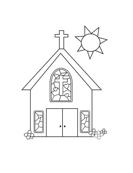 Dibujo de Iglesia y Flor para Colorear y Imprimir