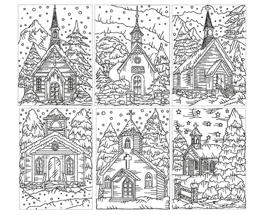 Dibujo de Seis Iglesia Bajo La Nieve para Colorear y Imprimir