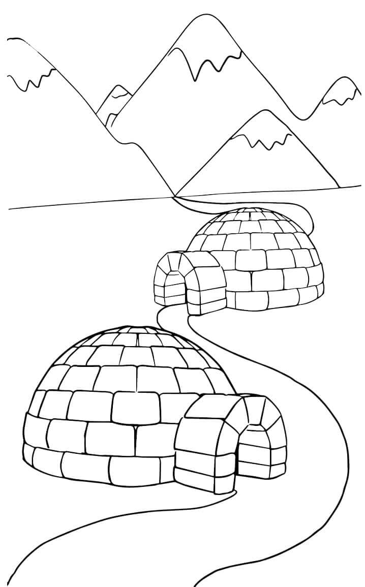 Dibujo de dos Iglus y Montañas para Colorear y Imprimir
