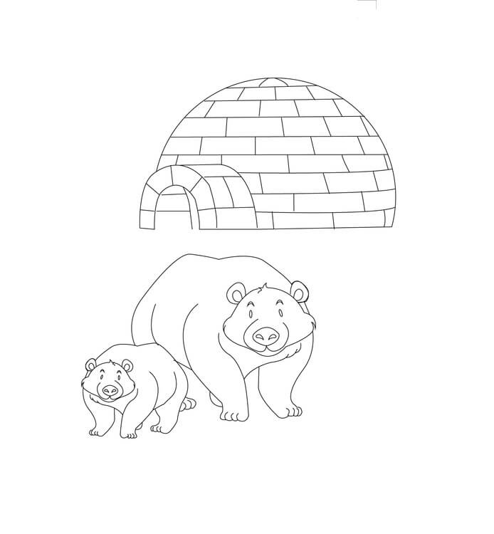 Dibujo de dos Oso y Iglu para Colorear y Imprimir