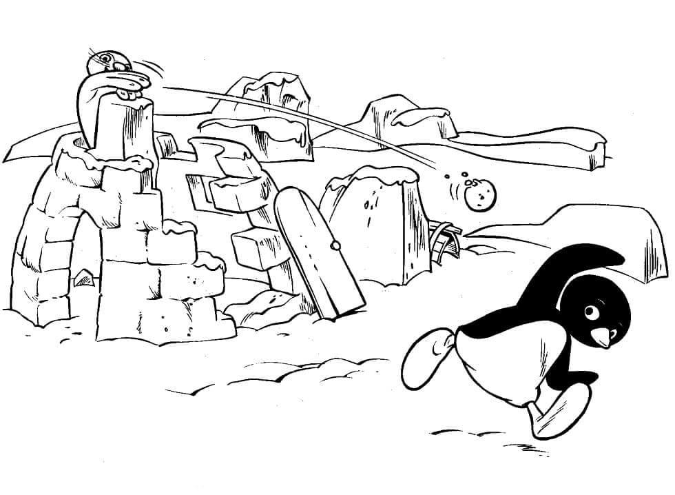 Dibujo de dos Pingüinos Con Iglu para Colorear y Imprimir