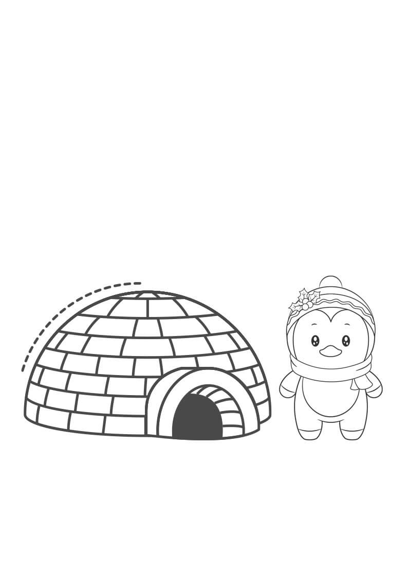 Dibujo de Iglu y Pingüino para Colorear y Imprimir
