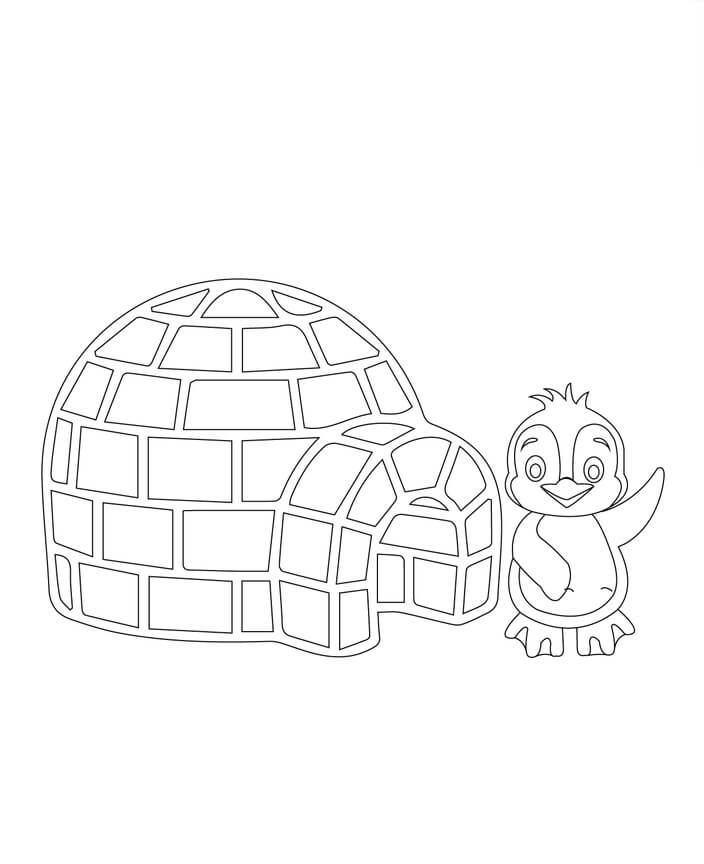Dibujo de Iglu y Pingüino Sonriente para Colorear y Imprimir