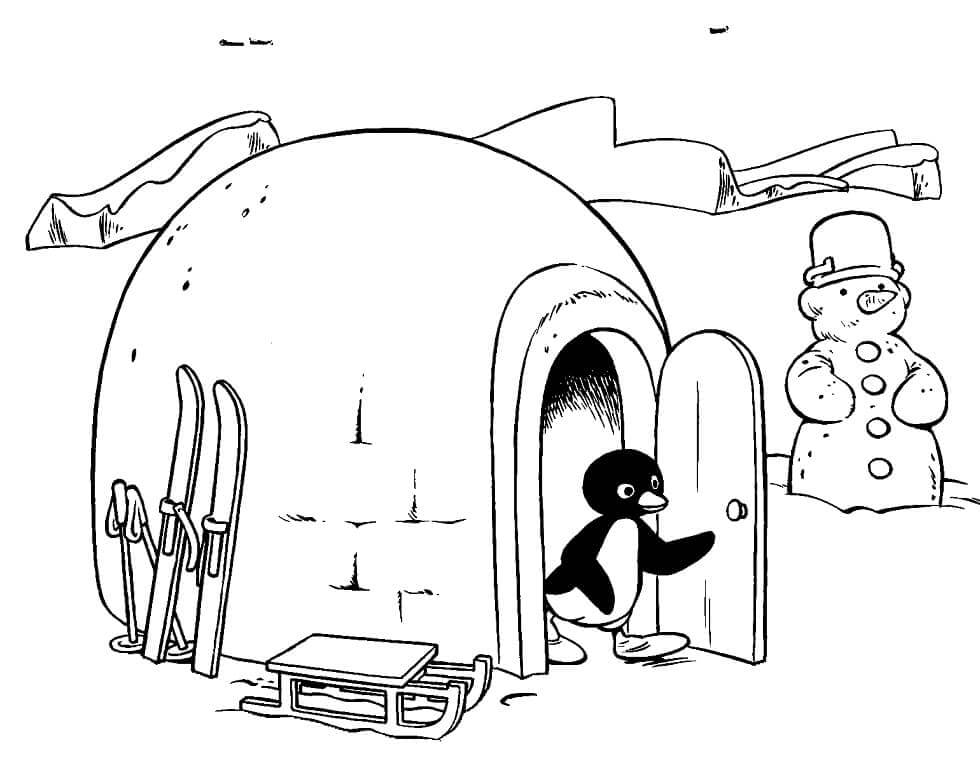 Dibujo de Los Pingüinos Van de Igloo Hacia Afuera para Colorear y Imprimir