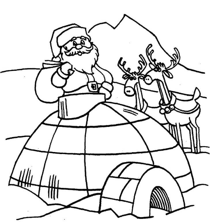 Dibujo de Papá Noel y dos Renos Con Igloo para Colorear y Imprimir