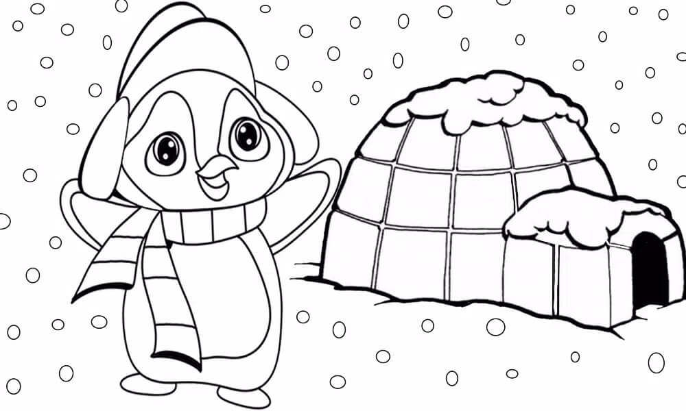 Dibujo de Pingüino de Dibujos Animados e Iglu para Colorear y Imprimir