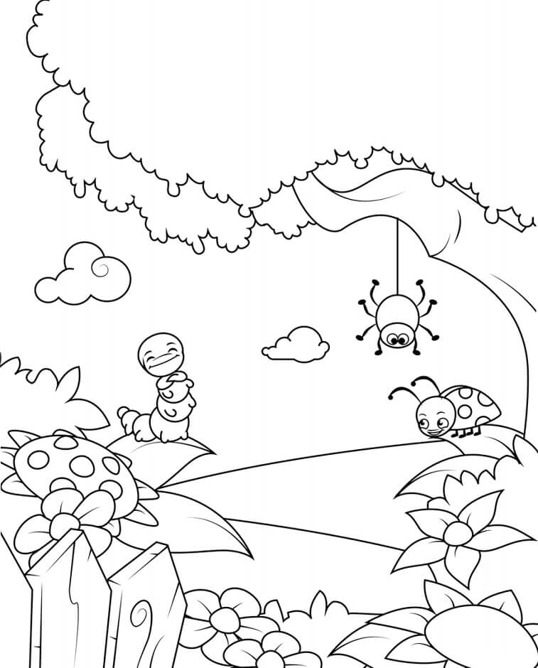 Dibujo de Insectos de Dibujos Animados Jugando para Colorear y Imprimir
