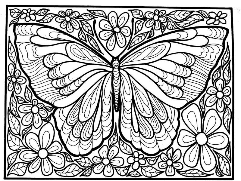 Dibujo de Mariposa En Hoja y Flor para Colorear y Imprimir
