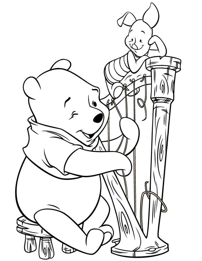 dibujo oso pooh y lechon tocando instrumentos musicales para colorear