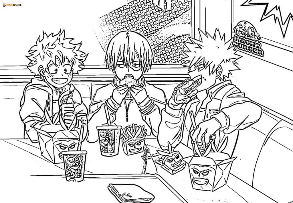 Dibujo de Deku y Amigos Comiendo para Colorear y Imprimir