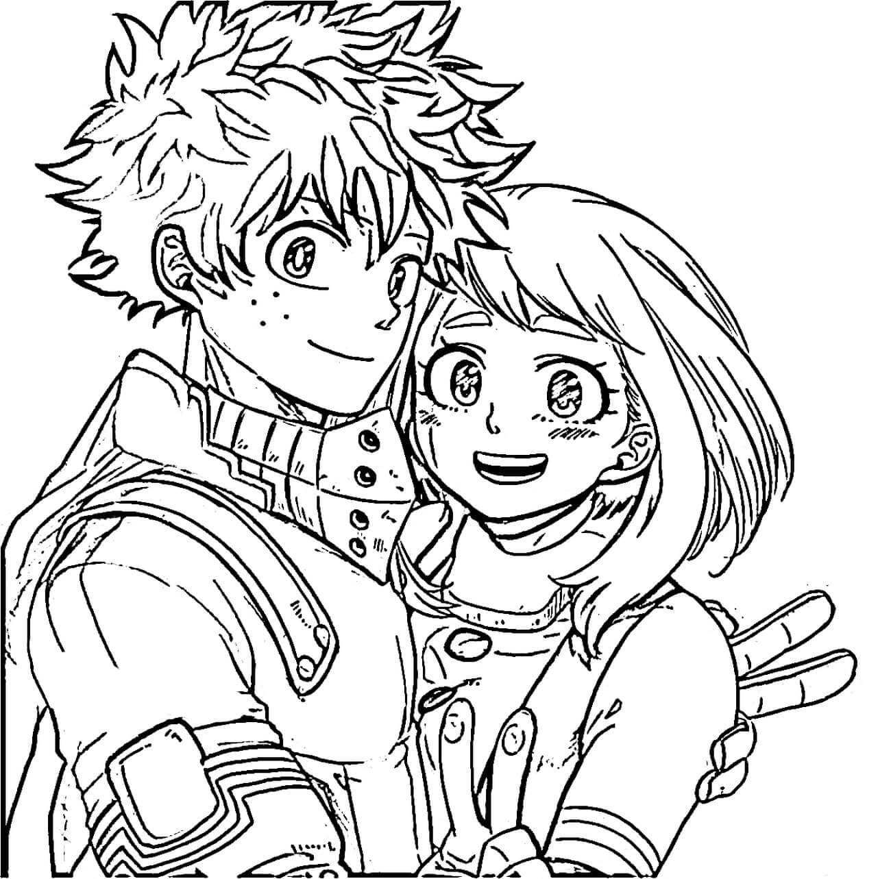 Dibujo de Dibujo Deku Abrazándose Ochako Uraraka para Colorear y Imprimir