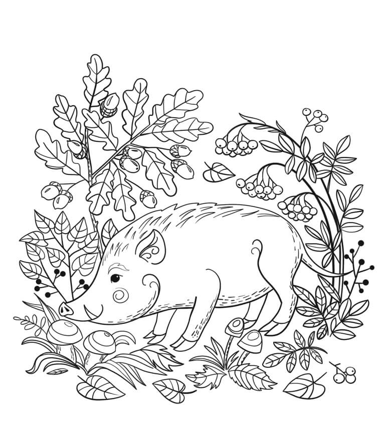 Dibujo de Jabalí y Árbol para Colorear y Imprimir
