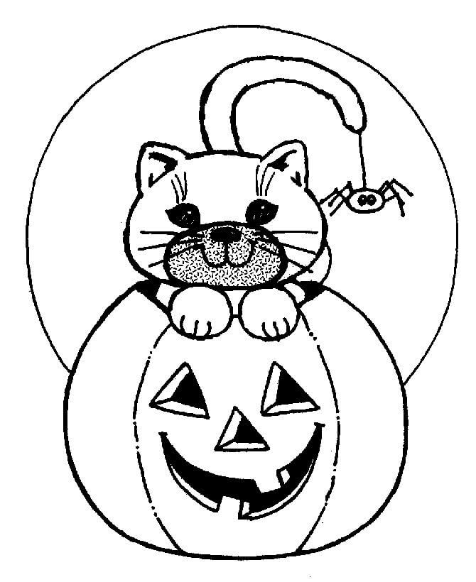 Dibujo de Jack o Lantern Con Gato para Colorear y Imprimir