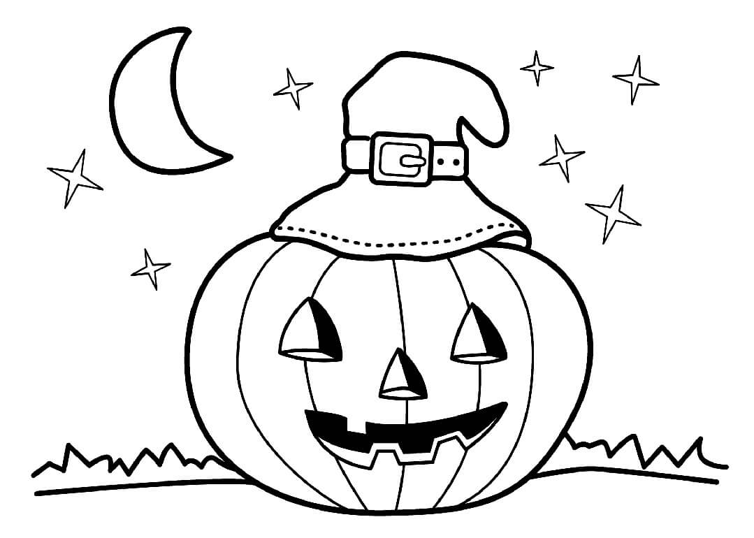 Dibujo de Jack o Lantern Con Sombrero de Bruja para Colorear y Imprimir