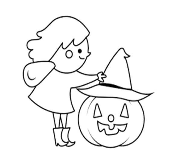Dibujo de Jack o Lantern Con Una Chica para Colorear y Imprimir