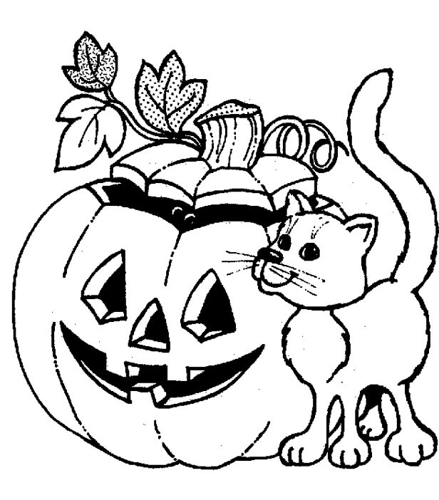 Dibujo de Jack o Lantern y Gato para Colorear y Imprimir