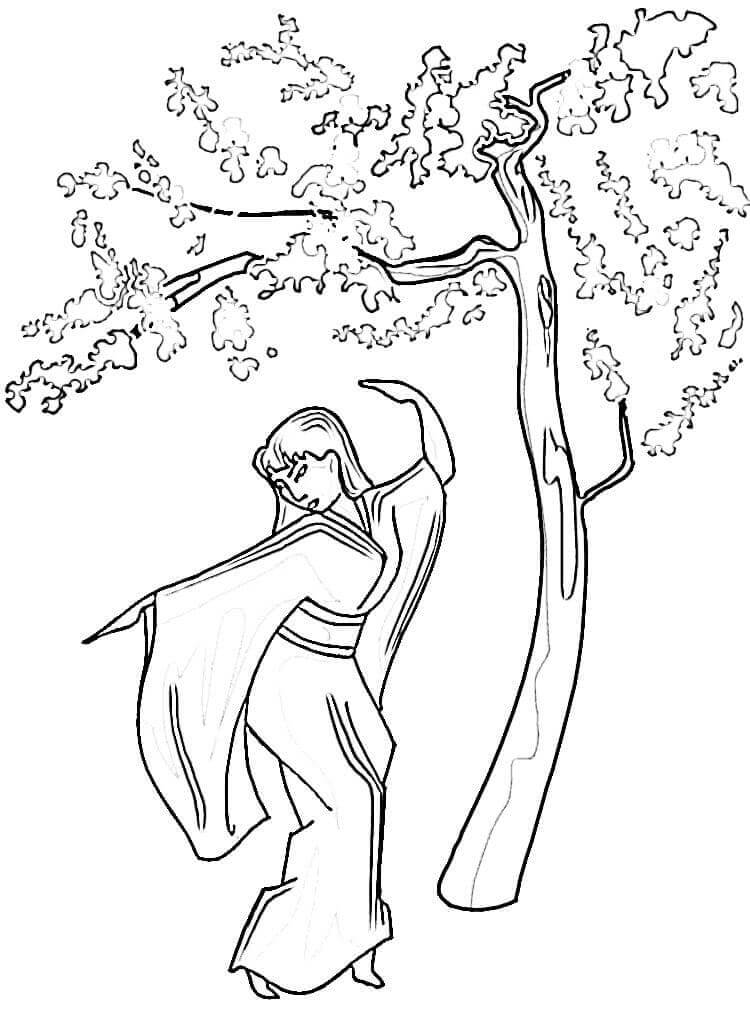 Dibujo de Bailando Bajo La Madera de Sakura para Colorear y Imprimir