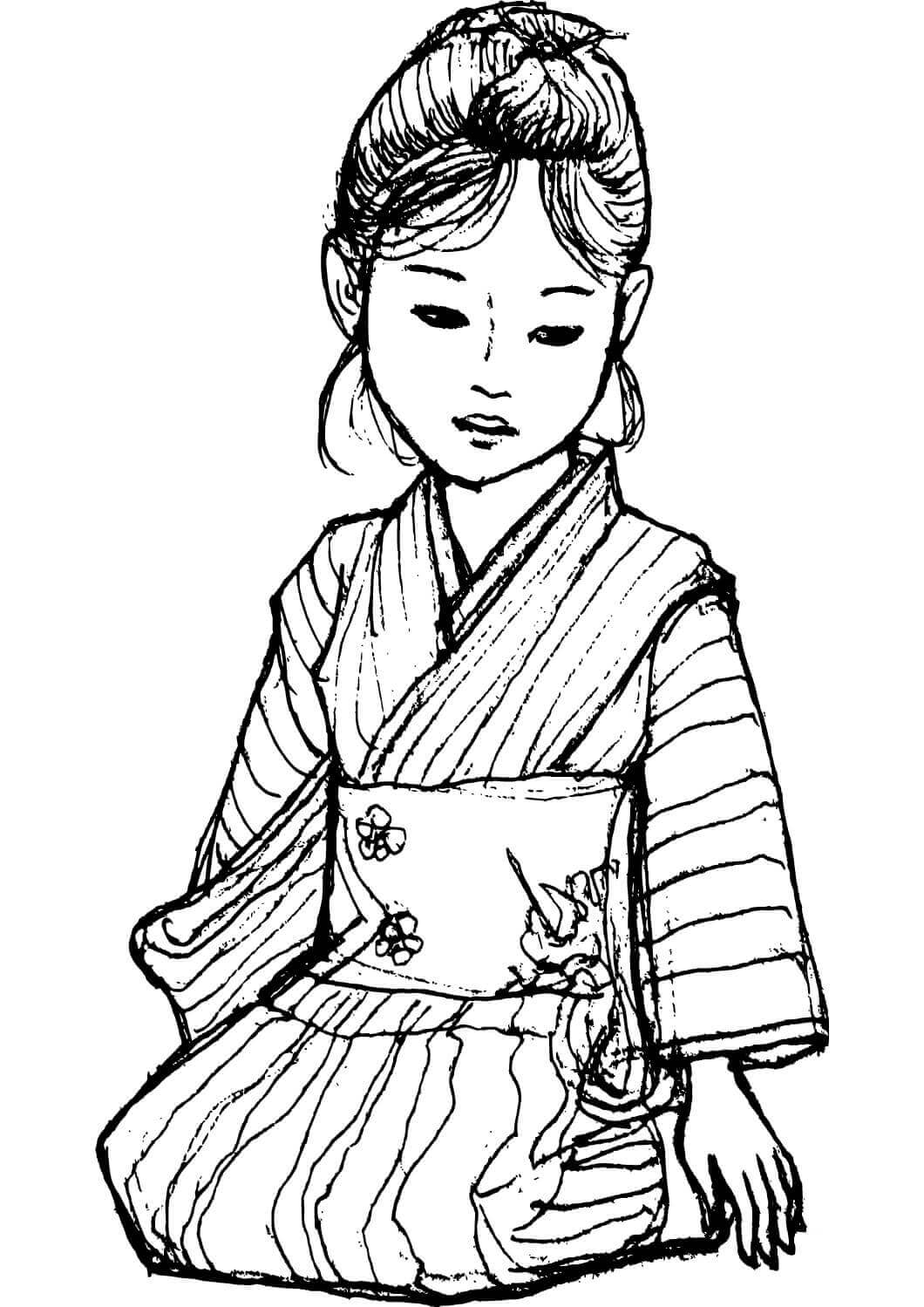 Dibujo de Chica Japonesa En Kimono para Colorear y Imprimir