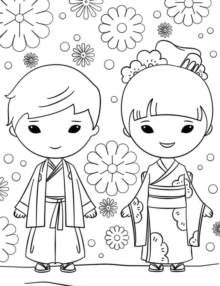 Dibujo de Chico y Chica Japoneses para Colorear y Imprimir