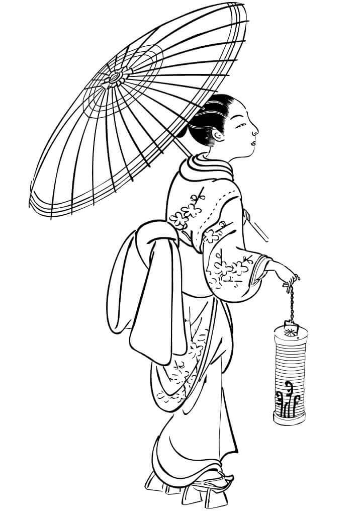 Dibujo de Mujer Japonesa Con Paraguas para Colorear y Imprimir