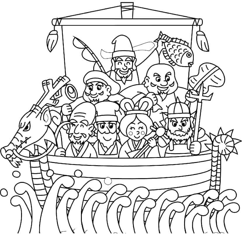 Dibujo de Siete Dioses Afortunados para Colorear y Imprimir
