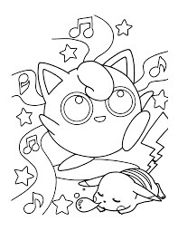 Dibujo de Jigglypuff Cantando y Pikachu Durmiendo para Colorear y Imprimir