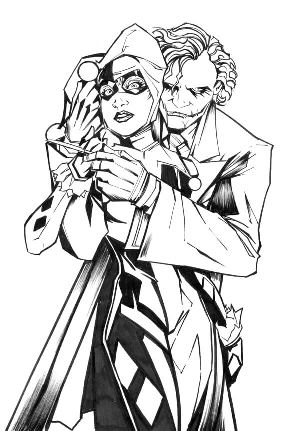 Dibujo de Joker Abrazando a Harley Quinn para Colorear y Imprimir