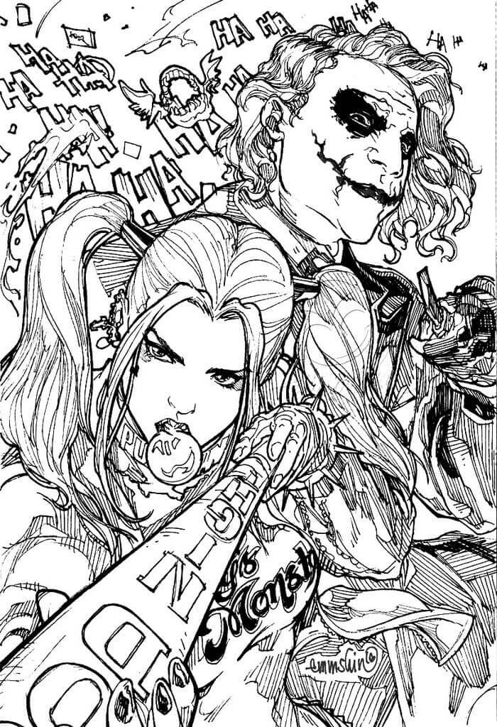 Dibujo de Joker y Harley Quinn Adulto para Colorear y Imprimir