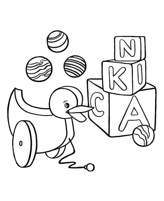 Dibujo de Pato Caja y Pelota para Colorear y Imprimir