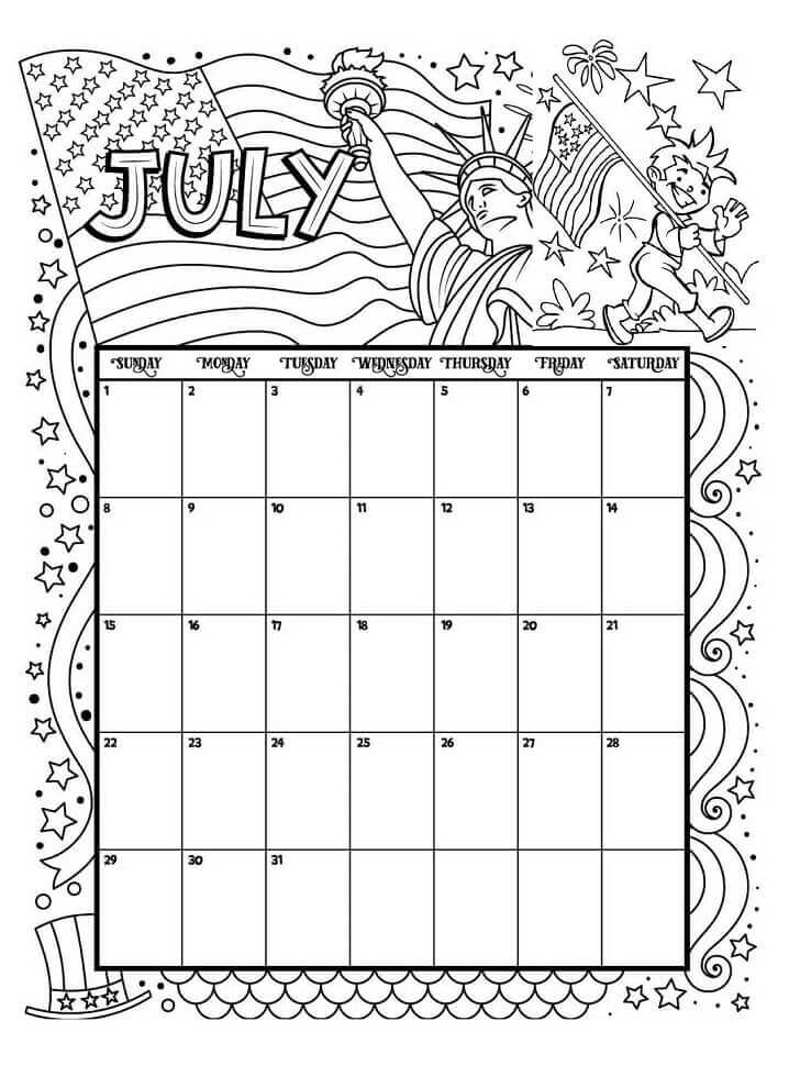 Dibujo de Calendario Julio para Colorear y Imprimir