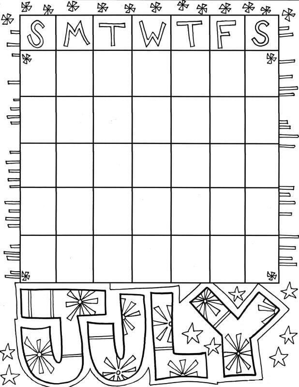 Dibujo de Calendario Simple Julio para Colorear y Imprimir