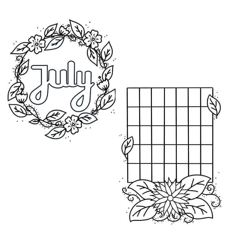 Dibujo de Calendario y Corona de Julio para Colorear y Imprimir