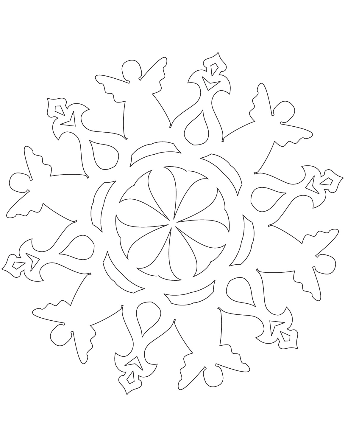 Dibujo de Copo de Nieve Con Ángeles para Colorear y Imprimir