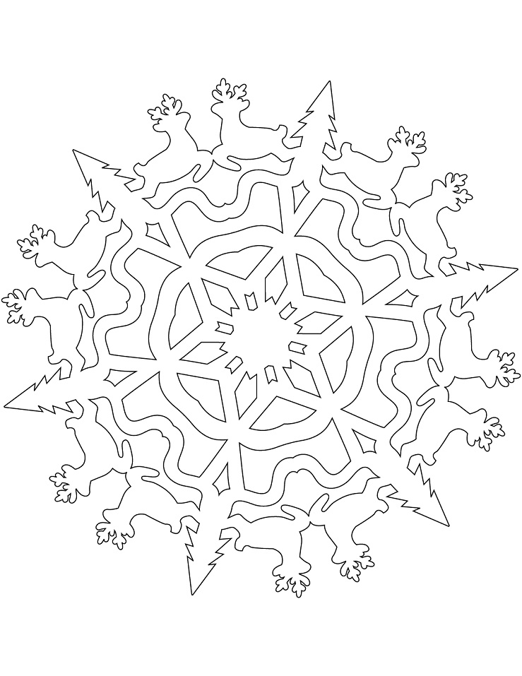 Dibujo de Copo de Nieve Con Renos Navidenos para Colorear y Imprimir